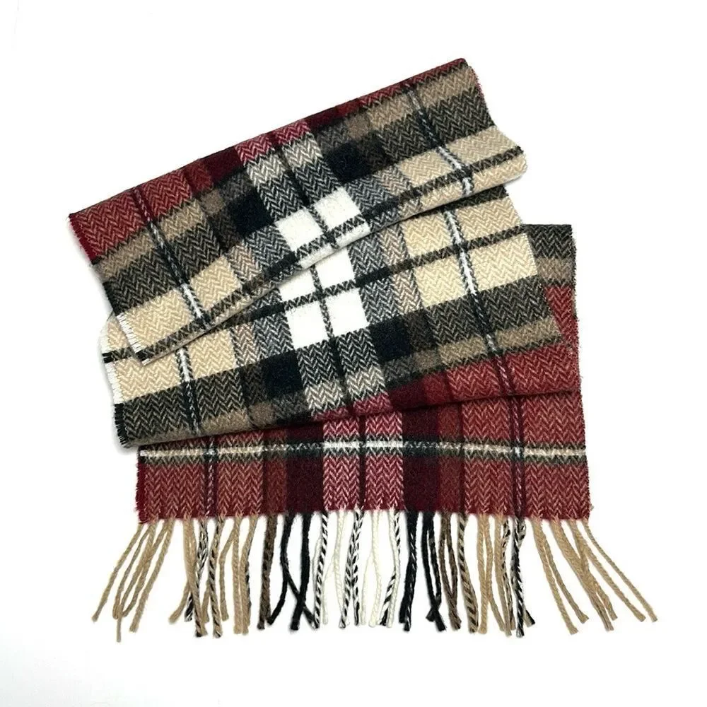 Geoffrey Beene Plaid Wool Scarf Red Gray Beige Made in Italy Vintage Unisex